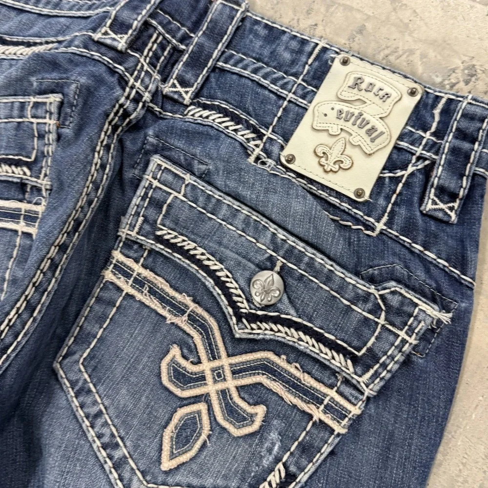 Rock Revival Shane Bootcut Jeans Mens 34 Blue Good Distressed Heavy Stitch